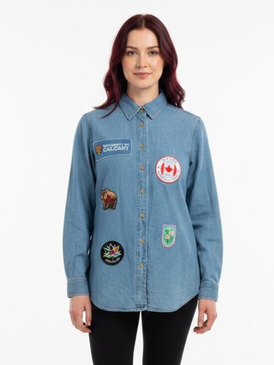 Vintage Tops - Vintage Denim Button Down with U of C and Alberta Patches Womens L